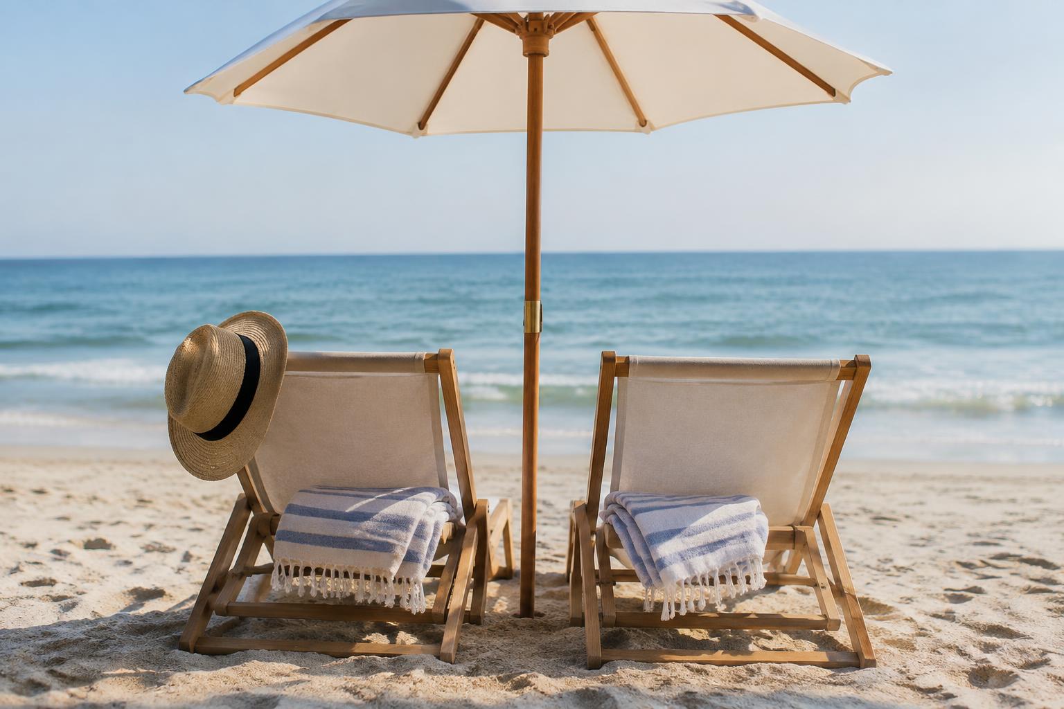 Illustrative sun loungers on an anonymous sandy beach