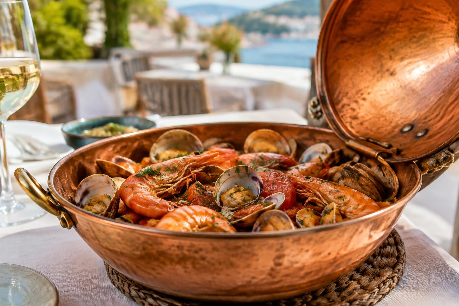 Illustrative seafood cataplana in an anonymous kitchen