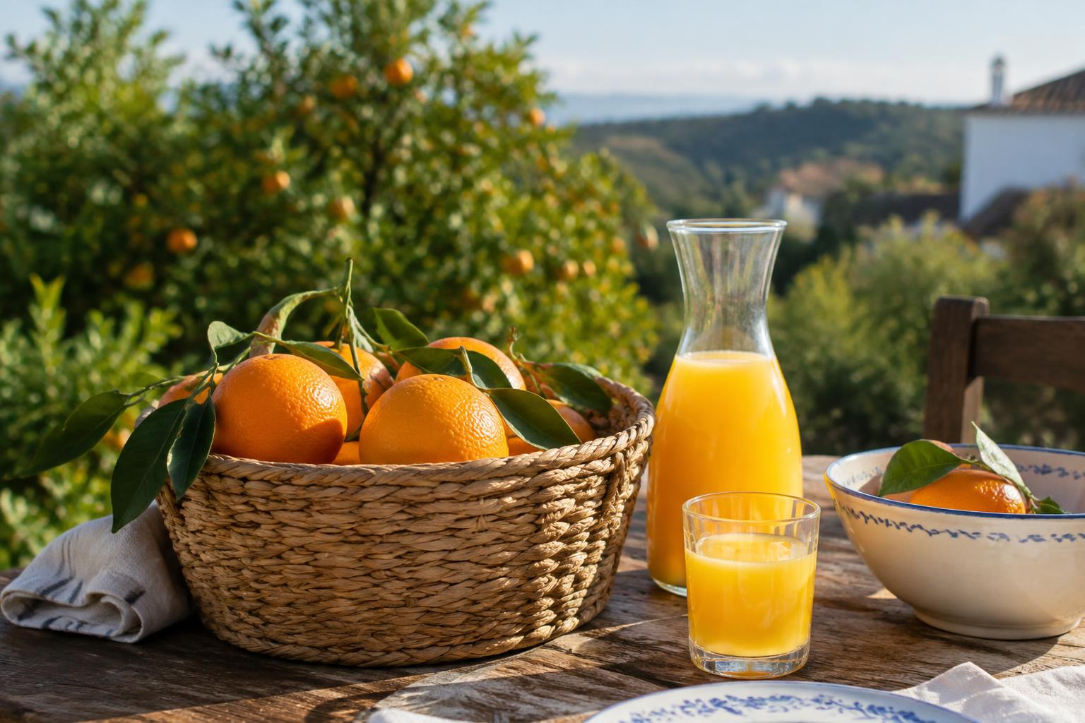 Illustrative oranges and fresh juice at a countryside breakfast