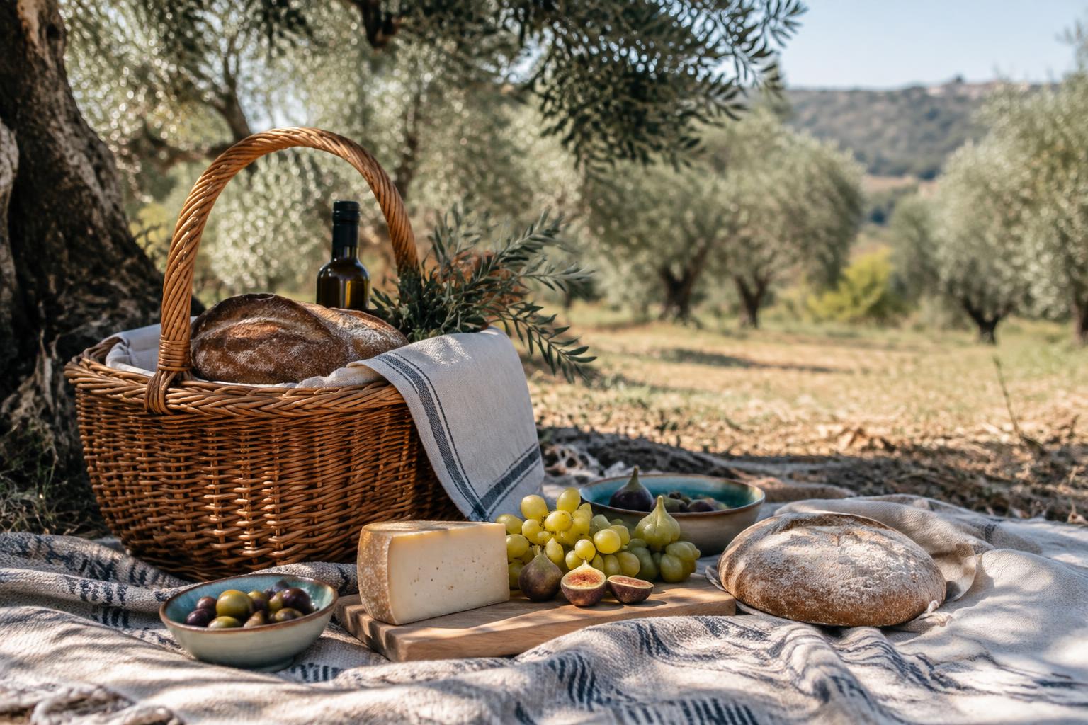 Illustrative picnic in an anonymous olive grove