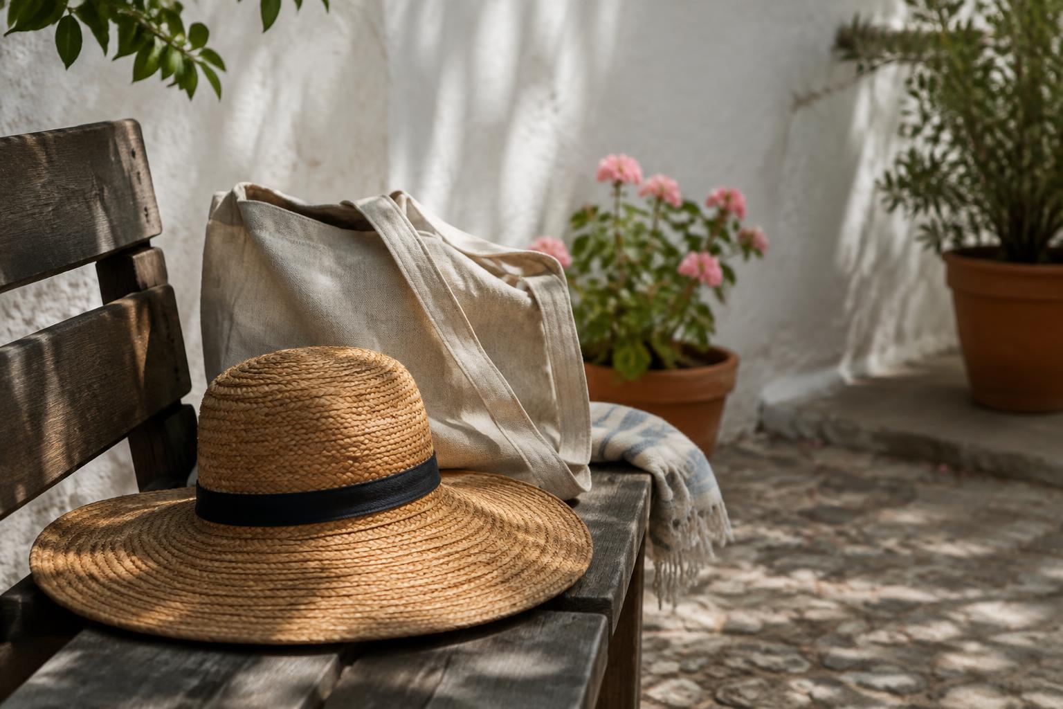 Illustrative sunhat and tote in an anonymous courtyard