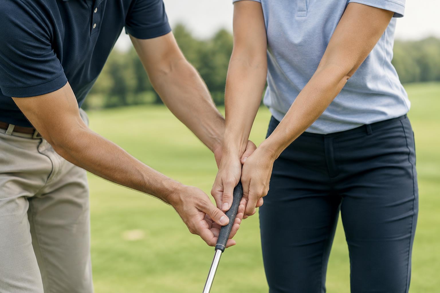 Illustrative close-up of a golf grip lesson on an anonymous practice range