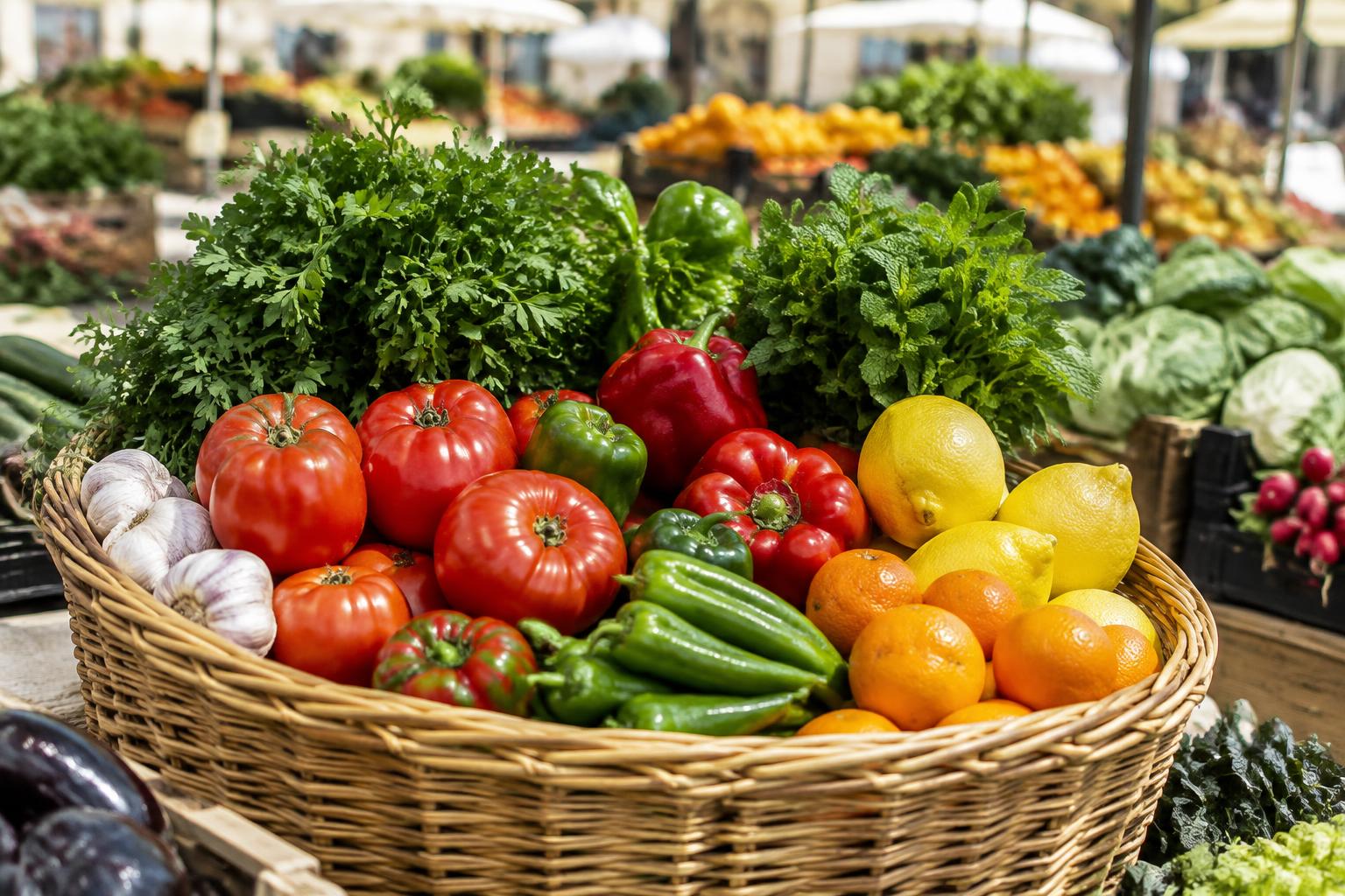Illustrative seasonal produce in an anonymous market