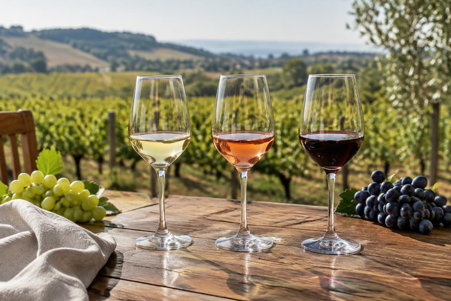 Illustrative wine tasting with an anonymous vineyard in the background